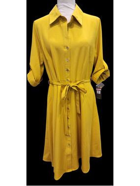 Sharagano Laurel Leaf Yellow Button Down Shirt Dress 10 NWT Belted Shirtdress